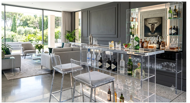Acrylic bar and luxury hotel interior with premium PMMA furniture and display elements, sophisticated hospitality environment with warm ambient lighting